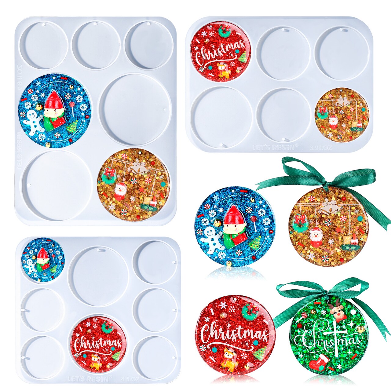 LET’S Resin 21-Cavities Keychain Resin Molds with Hole, 4 Sizes 2.95'' 2.76'' 2.36'' 1.97'' Flat Circle Round Silicone Molds for Resin, Epoxy Resin Molds for DIY Christmas Ornaments,Wedding Favo